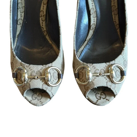Gucci GG Monogram Canvas Open Toe Horsebit Pumps Beige Brown EU 37.5 US 7.5 - Picture 3 of 13